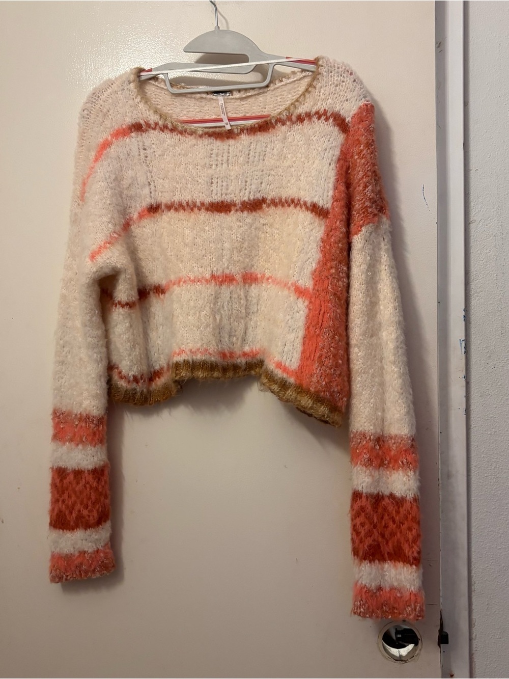 Free People Cream & Coral Striped Fuzzy Cropped Sweater